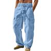 Dressnu Pantaloni da uomo in lino traspiranti a gamba larga con elastico in vita, pantaloni cargo casual con tasche multiple, blu cielo, M
