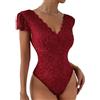 Haibang Body in Pizzo da Donna Sexy Scollo a V Bodysuit Top Floreale Aderente Camicetta a Maniche Corte Body Sottogiacca Elegante Cami Camicie Maglietta Blusa Clubwear