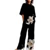 Uwdiohq Abiti Estivi per Donna 2 Set di Lino in Cotone T-Shirt Oversize Pantaloni A Gamba Dritta Tuta Taglie Forti Gonne Invernali (Black, XXL) Pigiama Natale Autunnale Anziana Caldo Invernale