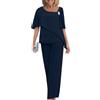 shownicer Completo Donna Elegante Chiffon Camicia a Maniche Corte et Pantalon 2 Pezzi Set Taille Haute Taglia Grande Cerimonia Outfits B Marina 3XL