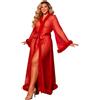 ohyeahlady Accappatoio Donna con Piume Taglie Forti Kimono in Tulle A Maniche Lunghe Vestaglia con Cintura Cardigan Pigiama Lingerie Curvy Rosso,XL-XXL