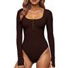 GJY Body da donna, chiusura a bottoni automatici, scollo rotondo, maniche lunghe, tuta casual dal taglio slim, camicie top, caffè, S