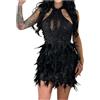 Foweknow - Abito da donna per feste, sexy, monocromatico, con piume, aderente, elegante, a maniche lunghe, abito da Natale, invernale, abito da cocktail, mini abito, Nero , S
