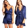 Laura in - Completo Elegante di Pigiama di Seta Raso da Donna con Pizzo. 5 Pezzi, Cappotto, Vestaglia, Top Camicia da Notte, Pantaloni e Pantaloncini.BluM1106