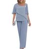 shownicer Completo Donna Elegante Chiffon Camicia a Maniche Corte et Pantalon 2 Pezzi Set Taille Haute Taglia Grande Cerimonia Outfits B GrigioBlu L