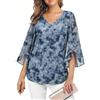 Enmain Camicia Blu Donna Elegante Volant Scollo a V 3/4 Manica Blusa Abbigliamento Donna Curvy Fiori Leggero Casual Estiva Primaverile Top 2XL