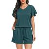Lovasy Pigiama Donna Cotone Estiva Ruffle Maniche Pigiami Set Corta Scollo a V e Maniche Corte 2 Pezzi Pigiama da Casa Leggero T-Shirt Pigiama