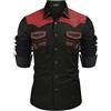 COOFANDY, Camicia da cowboy western da uomo, ricamata, a maniche lunghe, vestibilità aderente, casual, in cotone, con bottoni e tasche, Nero e rosso., M