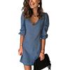 ORANDESIGNE Blu Scuro Vestiti Jeans Donna Estivi Vestiti Camicia Donna Maniche Corte Estate Casual Vestito Scoll A V Camicia Vestito Denim Vestiti Allentata Abiti A Blu Scuro L