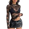 AIEOE Donna Tops a Rete Trasparente Maniche Lunghe in Pizzo Top Trasparente Camicia Tunica Pizzo Floreale Clubwear Taglia S Nero