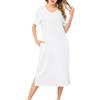 Wikoan Abiti Lunghi da Donna Camicie da Notte con Scollo a V Colori Solidi Abiti Lunghi a Maniche Corte con Tasche,Bianco,XL