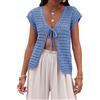 Saodimallsu Cardigan estivo da donna, con scollo a V, sexy, boho, a maniche corte, aperto, a maglia, leggero, da spiaggia, Blu, L