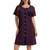 Lovasy Camicia da Notte in Cotone Donna Camicia da Notte Manica Corta a Righe Scollo a V Sexy Sottoveste Curvy con Bottoni Davanti Abito da Notte Estiva con Tasche A Blu Scuro/Rosso M