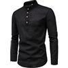 YAOTT Camicia da Uomo Camicie da Lavoro Basic a Maniche Lunghe Camicia in Cotone Lino con Collo alla Coreana Tinta Unita Camicie Casual Slim Fit Elegante Bussiness Henley Shirt Abbottonata Nero L