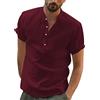 YAOBAOLE Camicia Lino Uomo Manica Corta Collo Mao Camicia Estate Uomo Leggero in Cotone Lino Camicia Da Spiaggia Classica Casual Henley Shirt, Vino rosso, 3XL