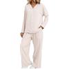 Generic Pigiama da donna in pile, set di pigiama invernale da donna, con bottoni, a maniche lunghe, colletto rovesciato, con tasche, caldo e morbido, 2 pezzi, scollo a V, tinta unita, Beige, L