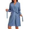 Lovasy Accappatoio Donna Cotone Nido d'Ape Vestaglie in Maglia Waffle Accappatoio Kimono con Maniche Lunghe Lunghezza al Ginocchio con scollo a V e Cintura,A-Blu,XL