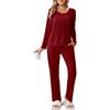 Ekouaer Pigiama Donna Invernale Cotone Caldo Pigiami Invernali Pigiama Due Pezzi Tasche con Coulisse Pigiami Tuta Lungo, Vino Rosso, L