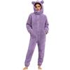 Generisch Tuta invernale da donna, morbida, tuta intera da donna, taglia grande, lunga, pigiama, soffice, in pile, calda, in peluche, con orecchie d'orso, con cappuccio, O viola, M