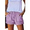 HVEPUO - Pantaloni corti, da donna, in cotone, lino, con elastico, A-Lilla, L