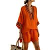 ticticlily Completo Donna Estivo Tuta Completa 2 Pezzi Maglietta Mezza Manica Scollo V + Pantaloncini Vita Alta Gamba Larga Tute Completi Estivi B Arancione Rosso XL
