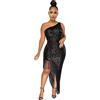 Generic Abito da donna anni 20 Gatsby 1920 abiti da donna nero abito a frangia da donna per ballare abito da flapper corto Charleston costume a una spalla abito con paillettes Carnevale frangia carnevale