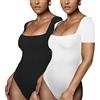 Moollyfox 2PCS Body da donna con scollo quadrato, completi, per uso quotidiano, a maniche corte, elegante, senza maniche, top da body, Nero/Bianco, XL