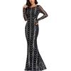 Generico Tute Eleganti Lunghe Abito da da Donna a Maniche Lunghe con Paillettes Girocollo Abito da Formale Slim Fit in Raso Lucido Vestiti da Sposa (Black, L)