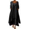 ORANDESIGNE Abito Lungo Donna Cotone e Lino Caftano Boho Abito Ampio Casual Moda Manica Lunga Scollo a V Abiti Lunghi Vestito Estivo Taglie Forti Eleganti Vestiti 2 in 1 Maxi Abito A Nero 3XL