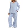 Generic Pigiama da donna in pile, set di pigiama invernale da donna, con bottoni, a maniche lunghe, colletto rovesciato, con tasche, caldo e morbido, 2 pezzi, scollo a V, tinta unita, Blu, M