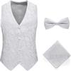 ULPUDFAO Smanicato Elegante Uomo, Gilet Monopetto Slim Fit In Jacquard Elegante Giacca Da Smoking Senza Maniche Con Papillon E Fazzoletto Da Taschino Chic Abito Da Sposa Gilet Per Uomo Bianco M