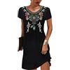 DJLORD Vestito Messicano Ricamato Donna Vestito Estivo Donna Casual Manica Corta Vestito Stampato Scollo A V Abiti Boho-Midi
