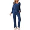 Ekouaer Pigiami Donna Cotone Manica Lunga Pigiama Invernale Due Pezzi Abbigliamento da Notte Tasche con Coulisse, Blu, M
