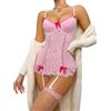 BEINF Completo Intimo Donna Set di Lingerie Donna Sexy Floreale Pizzo Body con Giarrettiera V Neck Bow Front Babydoll Underwire con Calze 3 Pezzi Rosa S