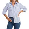 Enmain Camicia Donna Righe in Lino Manica Lunga Camicie con Bottoni in Cotone Classico Casual Bluse Estiva con Colletto a V e Tasche per Ufficio e Lavoro S-2XL