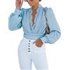 CUPSHE Body da donna con scollo profondo a V, inserti in pizzo, maniche lunghe, pieghe, casual, maglietta a maniche lunghe, tutina, top in maglia, Blu, XL