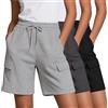 Neer Confezione da 3 Pantaloncini Cargo da Donna, in Vita Elasticizzata, con Coulisse, Lunghezza al Ginocchio, Stile Casual, con Tasche Cargo