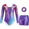 Gogokids Body da ginnastica da bambina, a maniche lunghe, con pantaloncini e fascia per capelli, body da danza scintillante, con design sfumato, per 3-12 anni