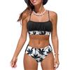 Rayson Costumi da Bagno per Donna a Due Pezzi Ruched Bandeau Bikini Set Regolabile Tracolla Costumi Donna Imbottito Push Up Bikini Top Sgambata a Vita Alta Fond Beachwear Swimwear(Bianco e Nero/Foglia,XL)