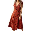 ShallGood Donna Vestiti Lunghi Eleganti Estivi Boemia Abiti Casual Vintage A Pois Scollo a V Manica Corta Vestito Cerimonia Sundress con Cintura Mattone Rosso IT 46