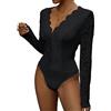 Everbellus Sexy Body in Floreale Pizzo da Donna, Elegante Body a Maniche Lunghe Camicette Top con Scollo a V Profondo Bodysuit Camicie Nero Medium