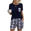 Aseniza Pigiama Donna Estivo Corto Pigiami Estivi Set in Cotone Due Pezzi Manica Corta Lovable Leggero con Coulisse Blu Navy XL