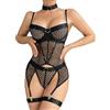EVELIFE Set di Lingerie per Donne Body a Rete Sexy con Calze Lunghe fino al Muslo Collare Intimo Camicette Senza Calze, Nero , S