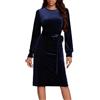 Generisch Abito in velluto da donna, elegante, a maniche lunghe, da cocktail, con scollo rotondo, per feste, lunghezza al ginocchio, per l'inverno, mini abito da sposa, O blu., XL