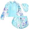 FARYODI Set Rashguard da bambina, costume da bagno UV a maniche lunghe con imbottitura rimovibile, 1/2 zip con motivo floreale e pantaloncini da bagno, costume da bagno per adolescenti, Blu, 120 cm