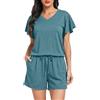 Lovasy Pigiama Donna Cotone Estiva Ruffle Maniche Pigiami Set Corta Scollo a V e Maniche Corte 2 Pezzi Pigiama da Casa Leggero T-Shirt Pigiama