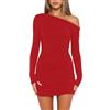 Wenrine - Abito da Donna Sexy, Senza Spalline, da Festa, a Maniche Lunghe, Mini Abito a Balze, Aderente, da invitata a Nozze, Abito da Cocktail, Colore: Rosso, XL