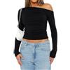 ORANDESIGNE Crop Top Sexy Donna Ragazza Maglietta con Maniche Lunghe Donna Top Corto Aderente Monospalla Shirt Corto Sexy Donna Tinta Unita Casual Discoteca A Nero XS