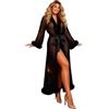 ohyeahlady Accappatoio Donna con Piume Taglie Forti Kimono in Tulle A Maniche Lunghe Vestaglia con Cintura Cardigan Pigiama Lingerie Curvy Nero,3XL-4XL