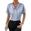 LIUYUYOUGO Maglia Donna Elegante Camicetta in Raso da Donna A Maniche Corte con Bottoni in Seta Casual Ampia con Collo Alto Tunica da Lavoro da Ufficio Estiva per Uscire Blu Chiaro S
